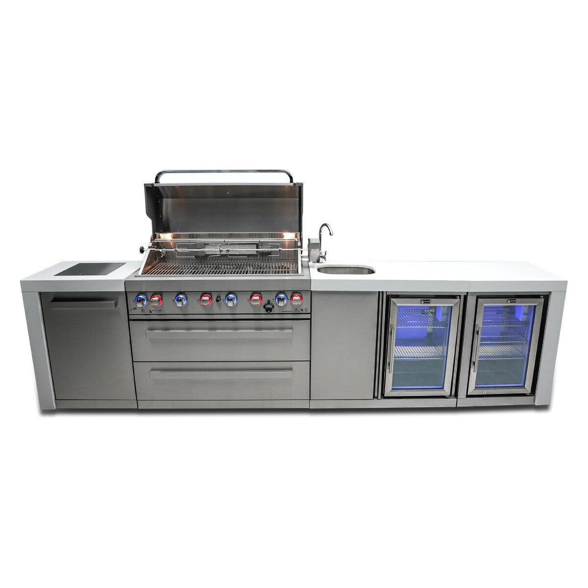 Mont Alpi Deluxe Series 11 Ft Propane Outdoor Kitchen Island w/ Side Burner, Beverage Center & Fridge - MAi805-DBEVFC