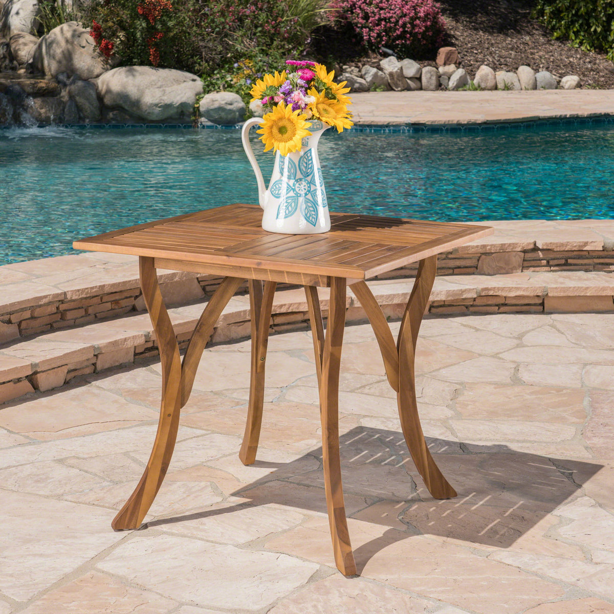Outdoor Rectangular Table With Curved Legs And Perpendicular Wooden Slats Table Top