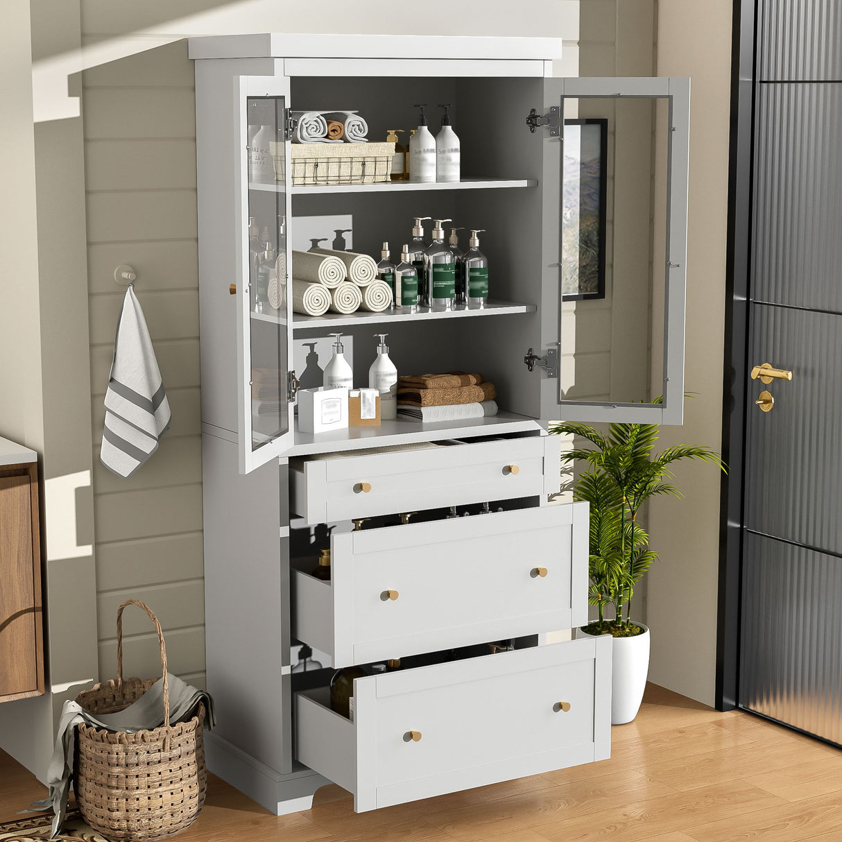 Freestanding Tall Bathroom Cabinet With Adjustable Shelves, Drawers, Soft Close Glass Doors