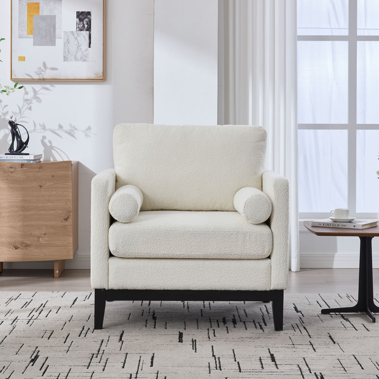 Wide Modern Farmhouse Performance Accent Chair With Legs, Wood Base