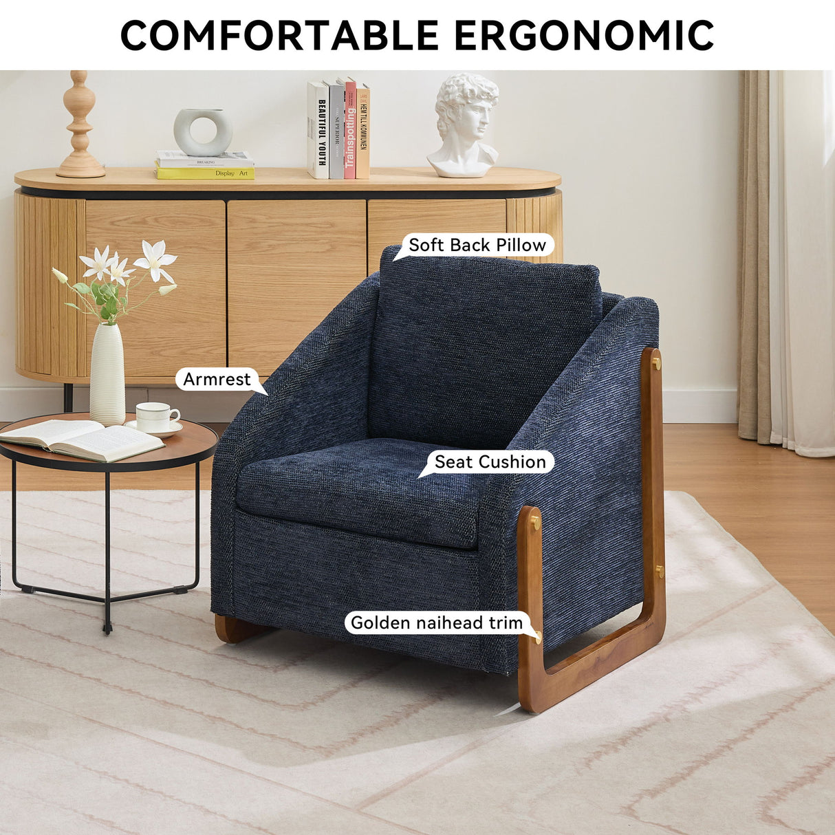 Modern Upholstered Armchair With Wooden Side Frame
