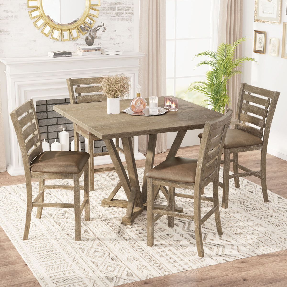 5 Pieces Set Counter Table Set Square Counter Table Solid Wood Modern Farmhouse Rustic Look Distressed Look - Grayish Brown