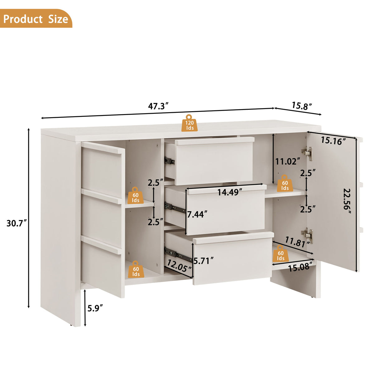 Sideboard Buffet Cabinet With Storage, 2 Doors 3 Drawers