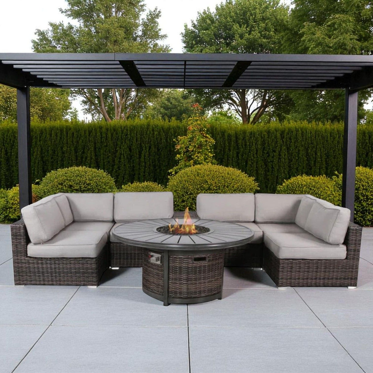4 Person Outdoor Seating Set With Cushions And Fire Pit, Rustproof - Brown