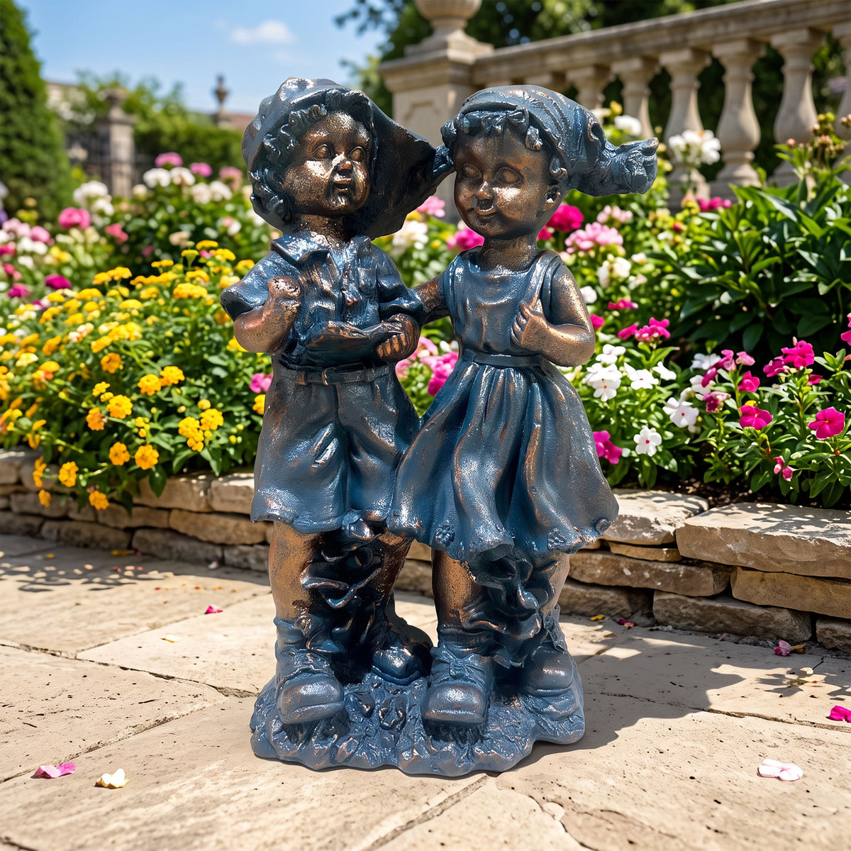 Boy And Girl Statues Garden Lawn Ornaments For Indoor Outdoor Use - Blue Multi / Brown