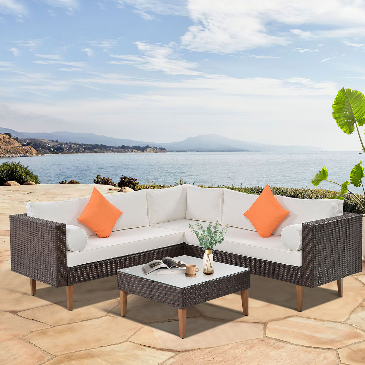 4 Pieces Outdoor Wicker L-Shape Sofa Set