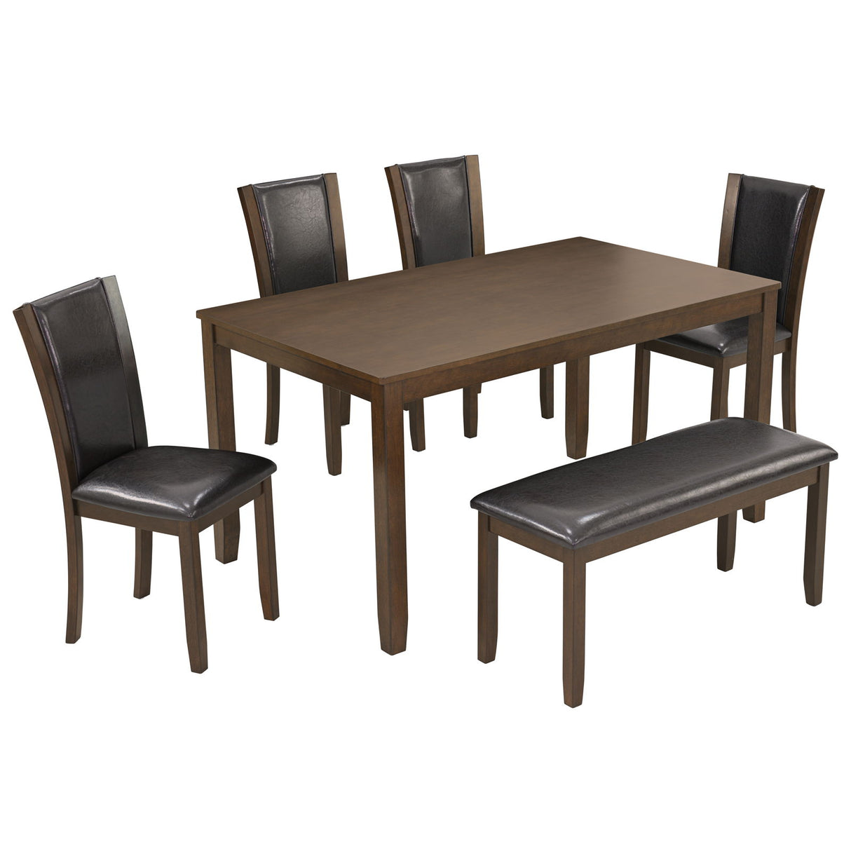 6 Piece Dining Table Set & Bench And Chairs For Dining Room - Dark Walnut