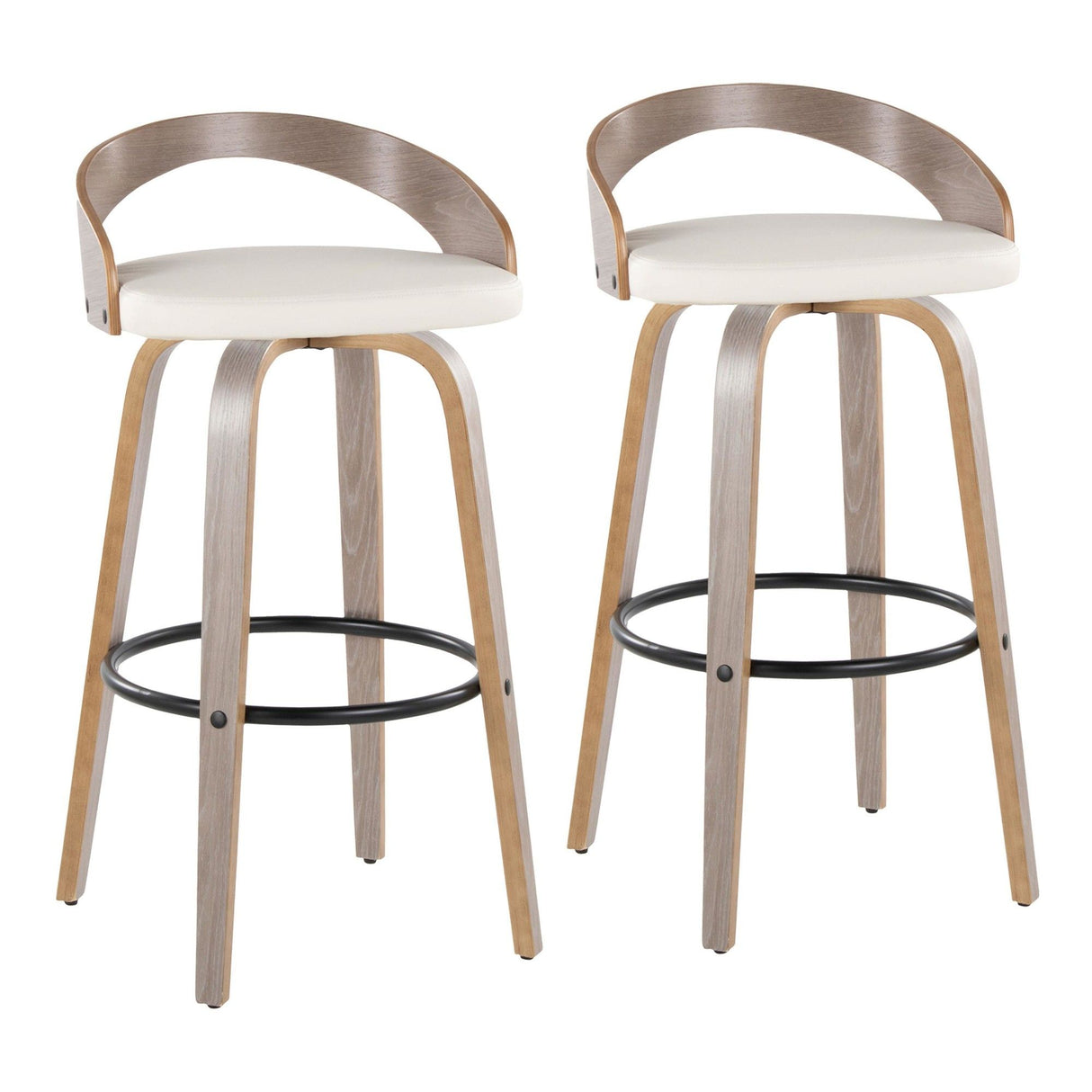 Grotto - Fixed-Height Barstool (Set of 2) - Light Gray Wood, Black Metal, White Faux Leather