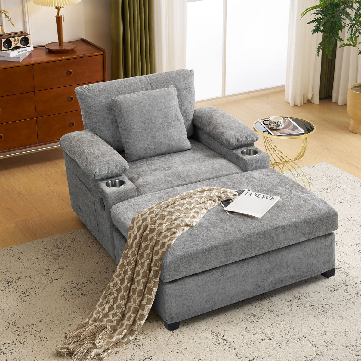 Modern Oversized Chair With Ottoman, Chenille Fabric Sofa Bed, Accent Chair Comfy Sofa With Cupholders And USB Charging Ports Chair For Living Room - Gray