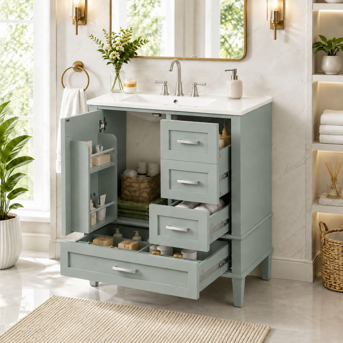 Bathroom Vanity With Sink, Soft Closing Door And Drawers - Light Green