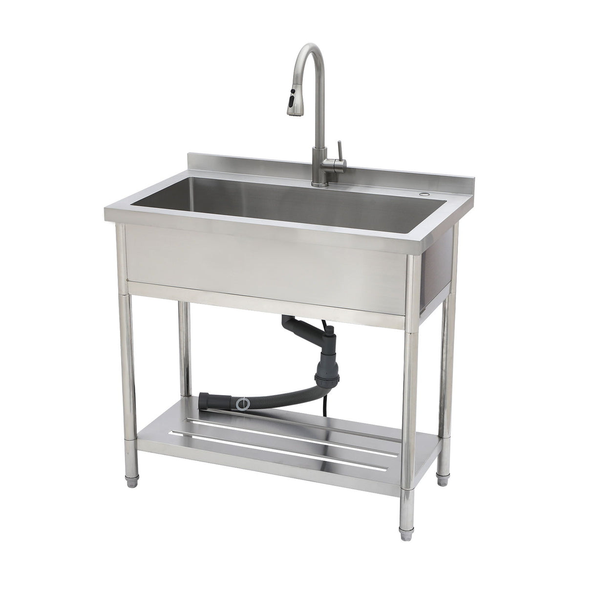Stainless Steel Freestanding Utility Sink With Pull Out Faucet, Large Single Bowl - Brushed Nickel