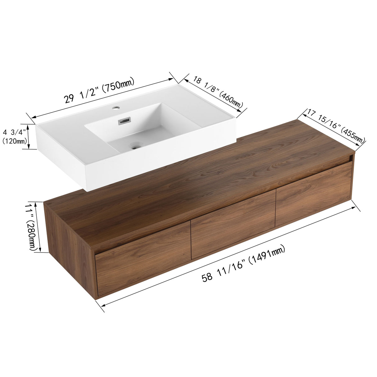 Modern Wall Mounted Bathroom Vanity With Resin Sink And Soft Close Drawer - Brown Ebony