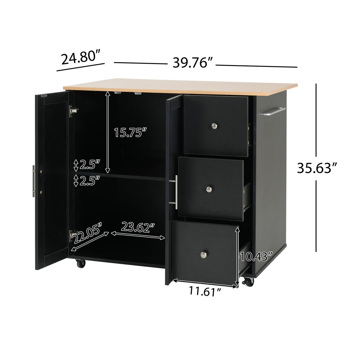 Mobile Kitchen Cart With Storage With 2 Doors, 3 Drawers & Adjustable Shelf - Black / Natural