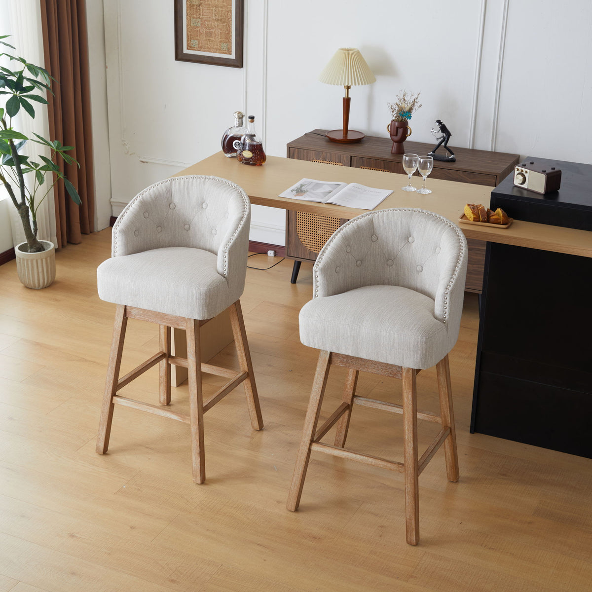 Swivel Counter Stools (Set of 2), Upholstered Counter Height Bar Stools With Solid Rubber Wood Frame, Backrest, Footrest, Armless Barstools For Home Bar, Kitchen Counter - Natural / Beige