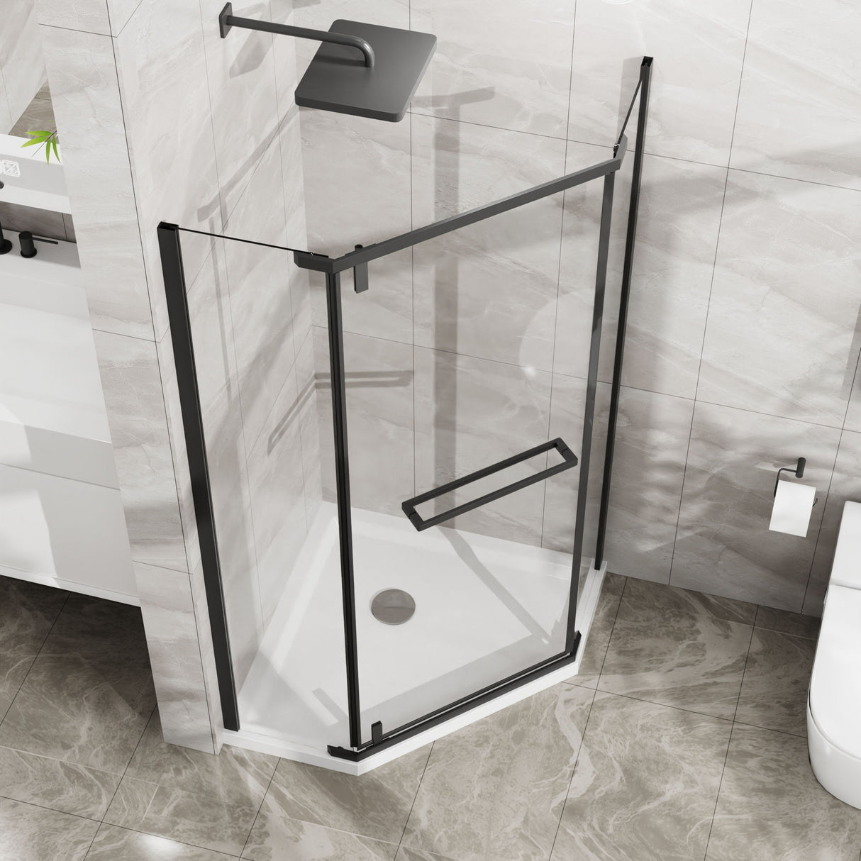 Durable Hardware Neo Angle Frameless Shower Door With Acrylic Base Combo