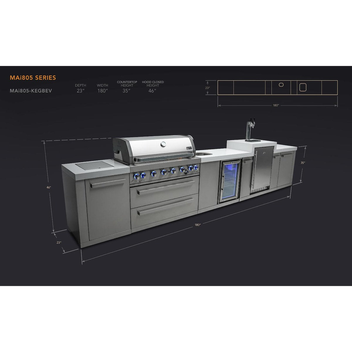 Mont Alpi Original Series 15 Ft Propane Outdoor Kitchen Island w/ Side Burner, Beverage Center, & Kegerator - MAi805-KEGBEV