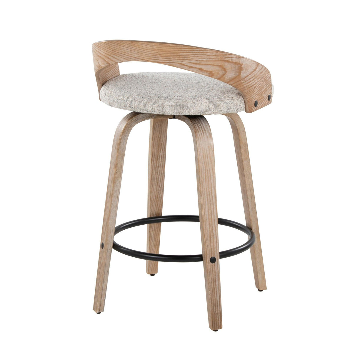 Grotto - 26" Fixed-Height Counter Stool With Swivel And Round Black Metal Footrest (Set of 2) - White Washed Wood And Oat Fabric