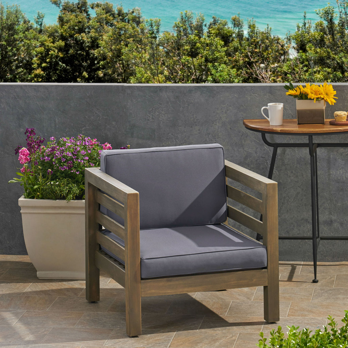 Outdoor Acacia Wood Patio Chair With Fabric Cushion