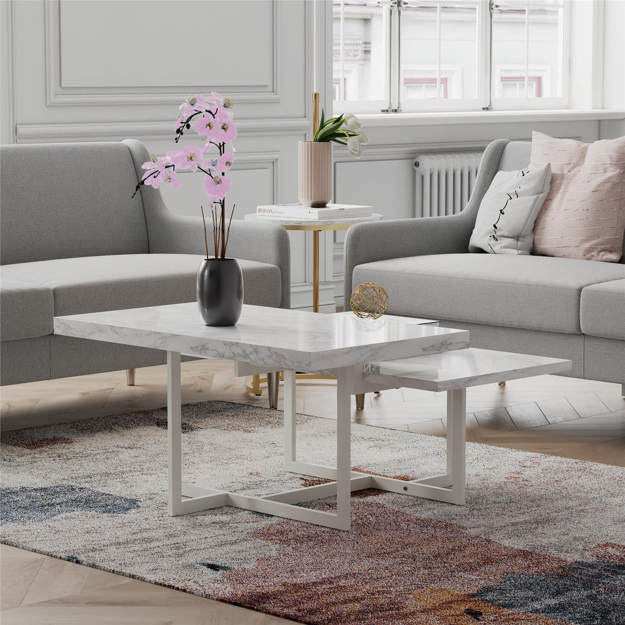 Brielle - Coffee Table, 2 Tiered Design - White Marble