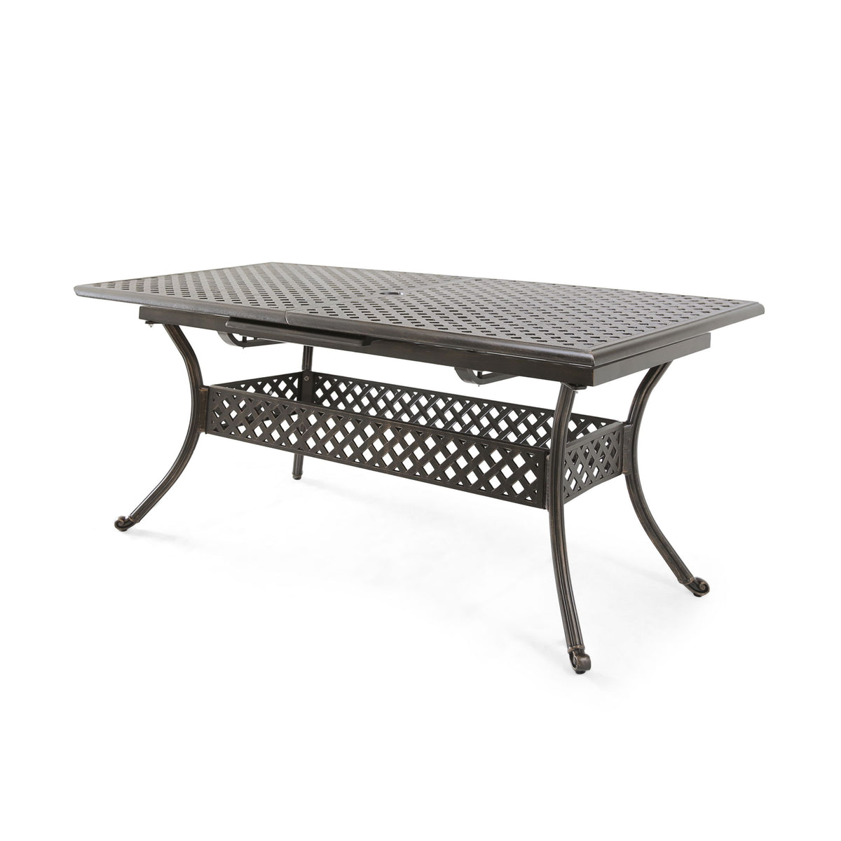 Outdoor Expandable Dining Table With Umbrella Holder, Lattice Pattern And Curved Legs - Black