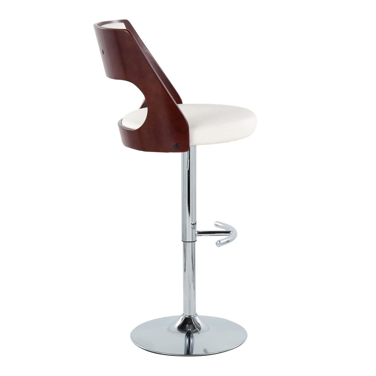 Cecina - Mid-Century Modern Adjustable Swivel Barstool (Set of 2) - Chrome Metal, Cherry Wood, And White Faux Leather With Rounded T Footrest
