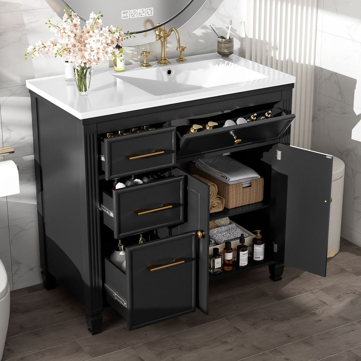 Modern Bathroom Vanity With Ceramic Sink, Freestanding, One Tip Out Drawer, 3 Side Drawers, Adjustable Shelf