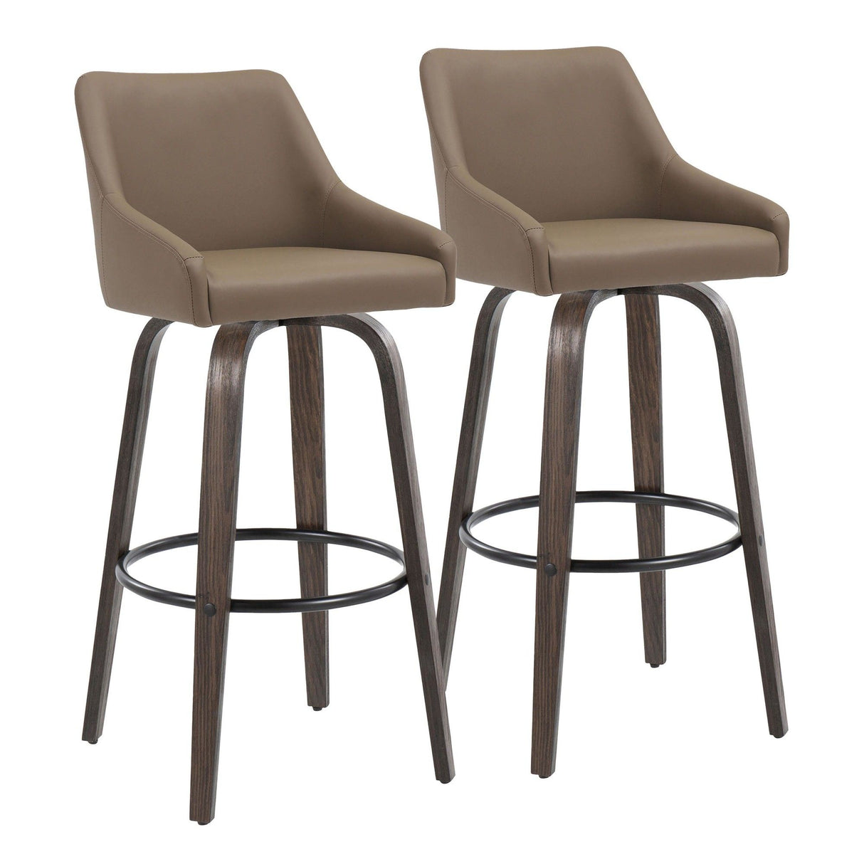 Hannah - 30" Fixed-Height Barstool With Swivel And Round Black Metal Footrest (Set of 2) - Walnut Glazed Wood