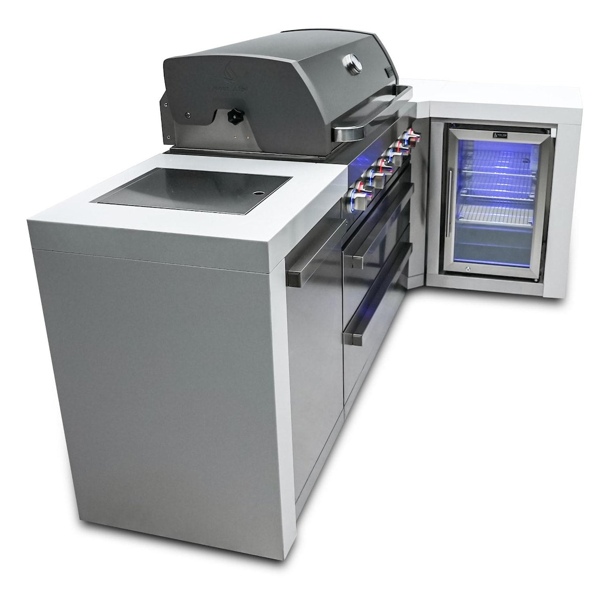 Mont Alpi Deluxe Series 8 Ft L-Shaped Propane Outdoor Kitchen Island w/ Side Burner & Fridge - MAi805-D90FC