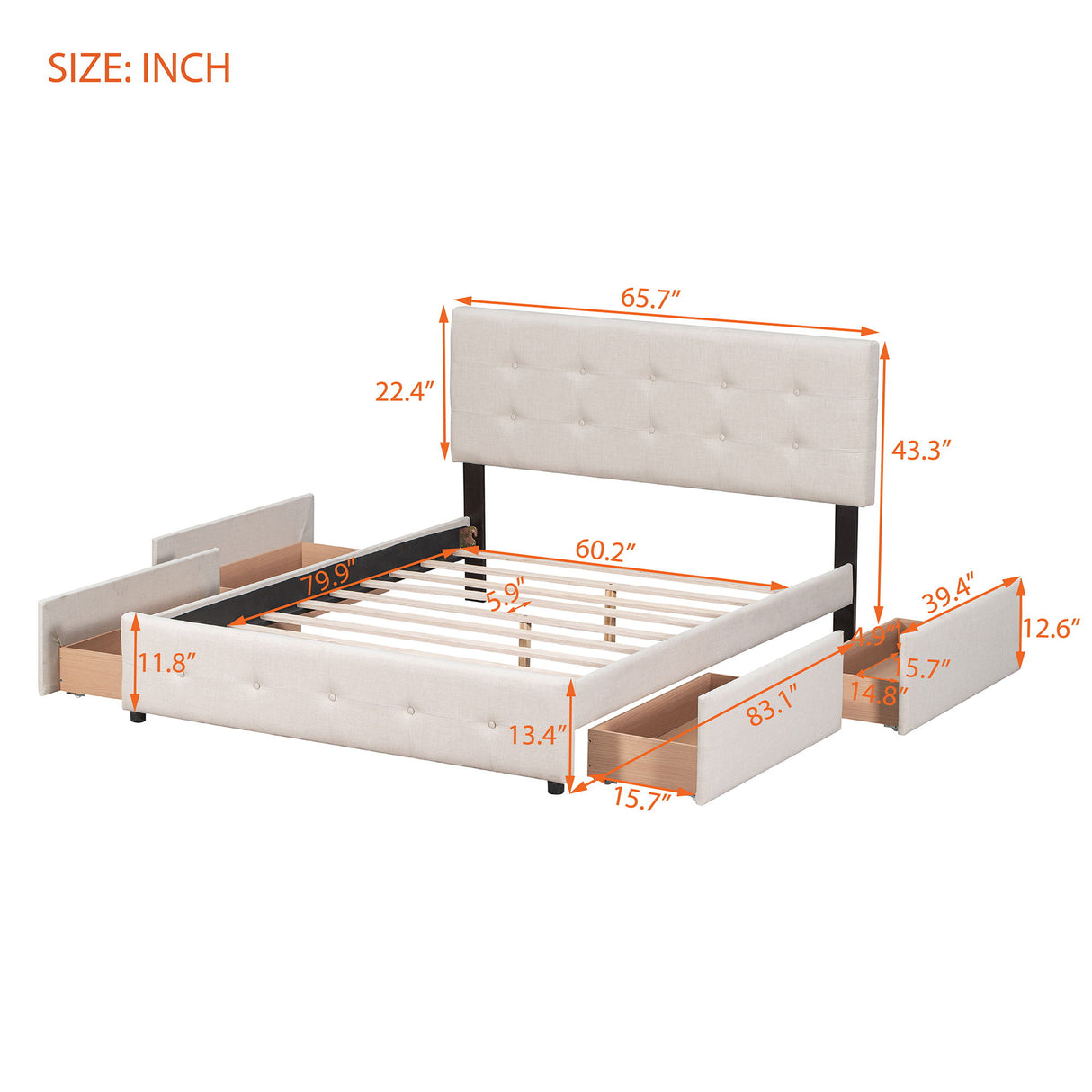 Upholstered Platform Bed With Classic Headboard And Drawers, No Box Spring Needed
