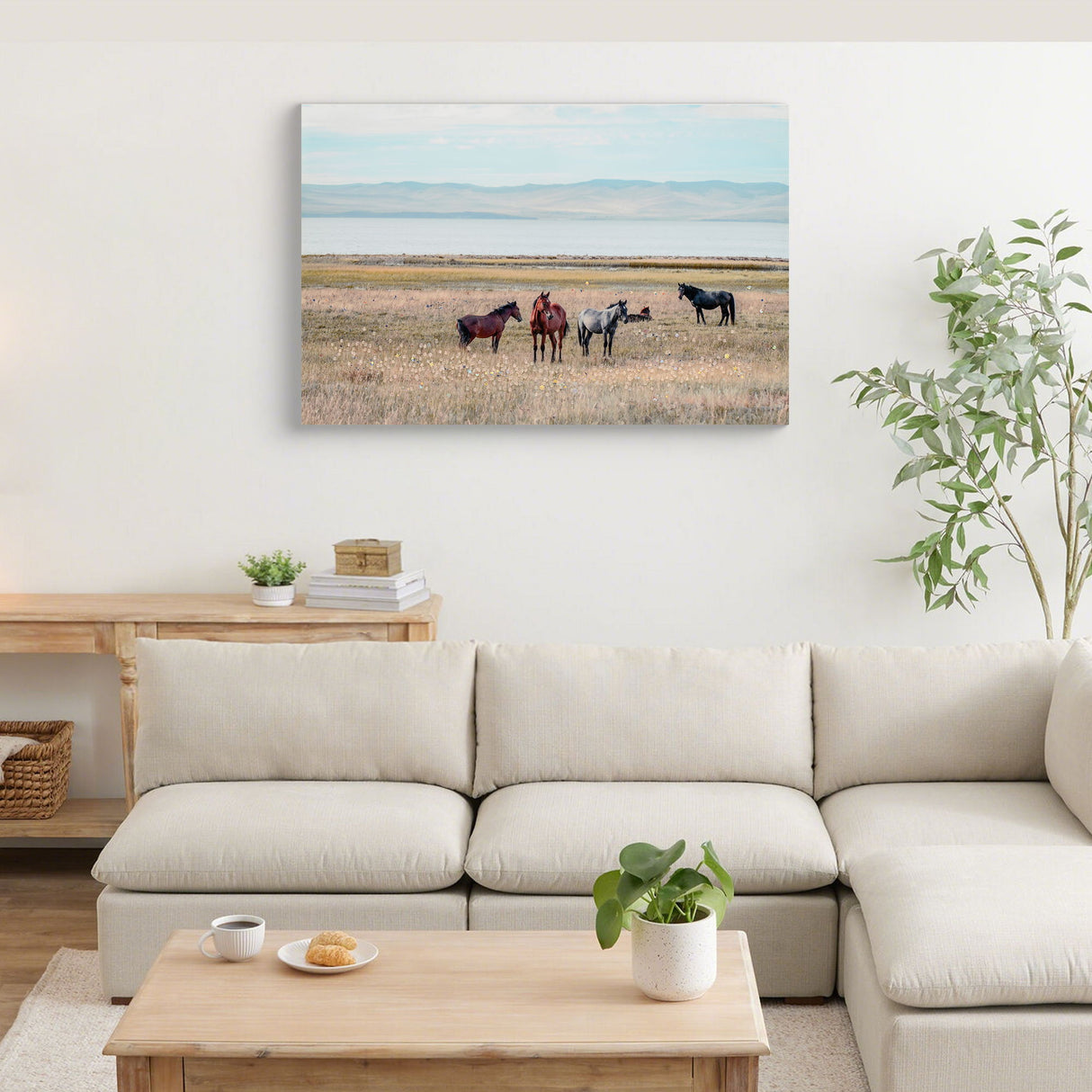 Horse Framed Wall Art Decor For Living Room - Denim / Brown