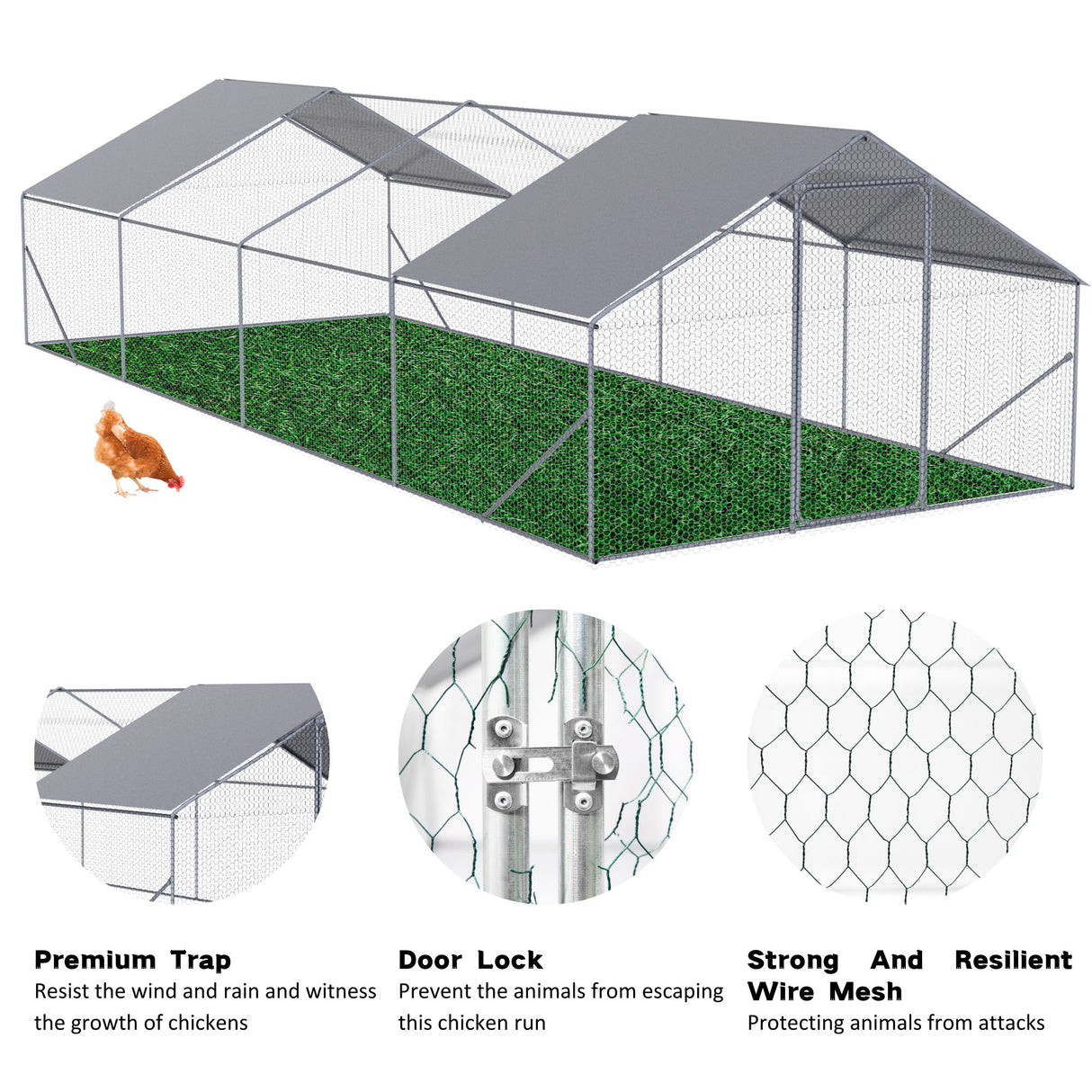 Outdoor Chicken Coop Large Space With Safety Features - Silver Gray