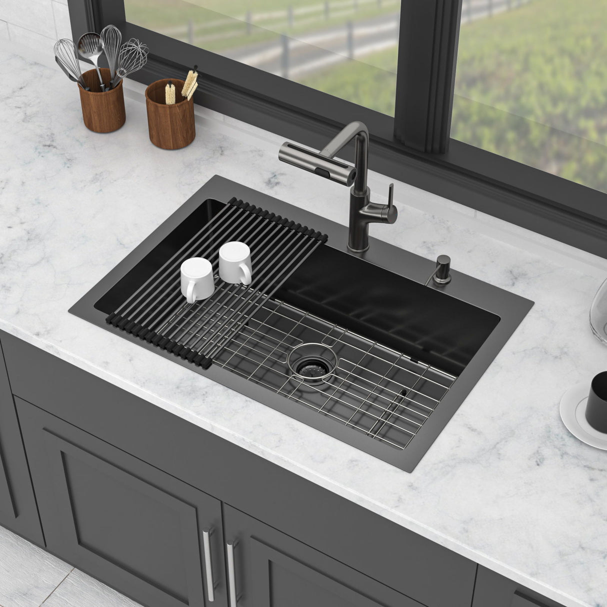 Drop-In Stainless Steel Kitchen Sink With Pull-Out Faucet And Soap Dispenser
