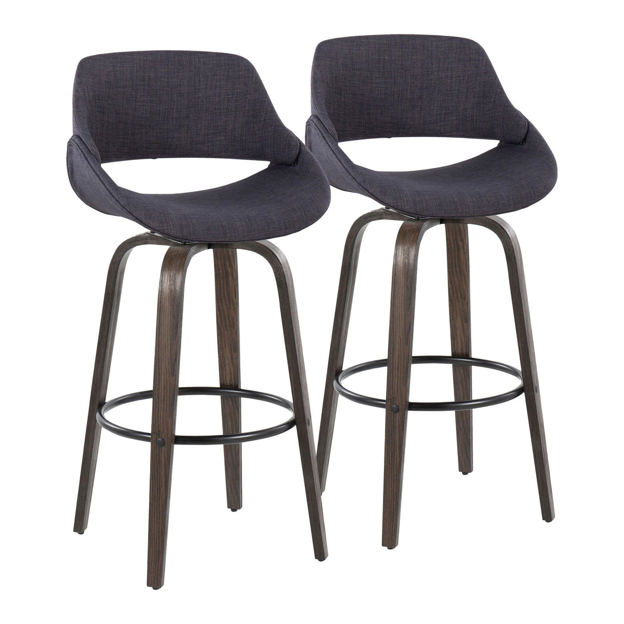 Fabrizzi - 30" Fixed-Height Barstool With Swivel And Round Black Metal Footrest (Set of 2) - Walnut Glazed Wood