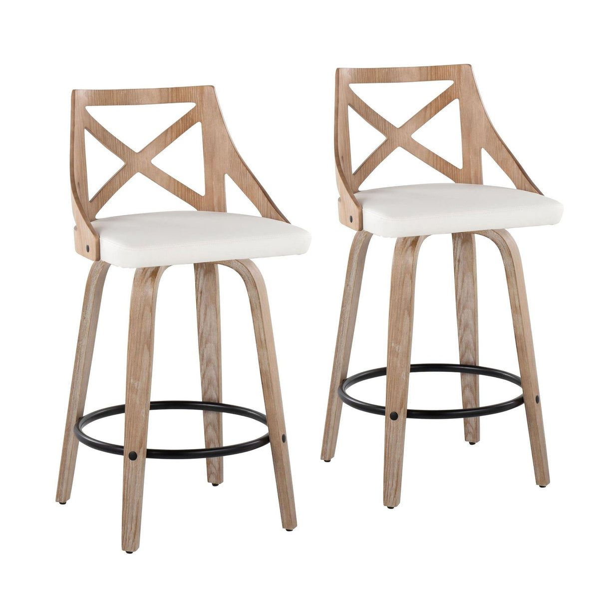 Charlotte - Farmhouse Fixed-Height Swivel Counter Stool (Set of 2) - Whitewashed Wood And White Faux Leather With Round Black Metal Footrest