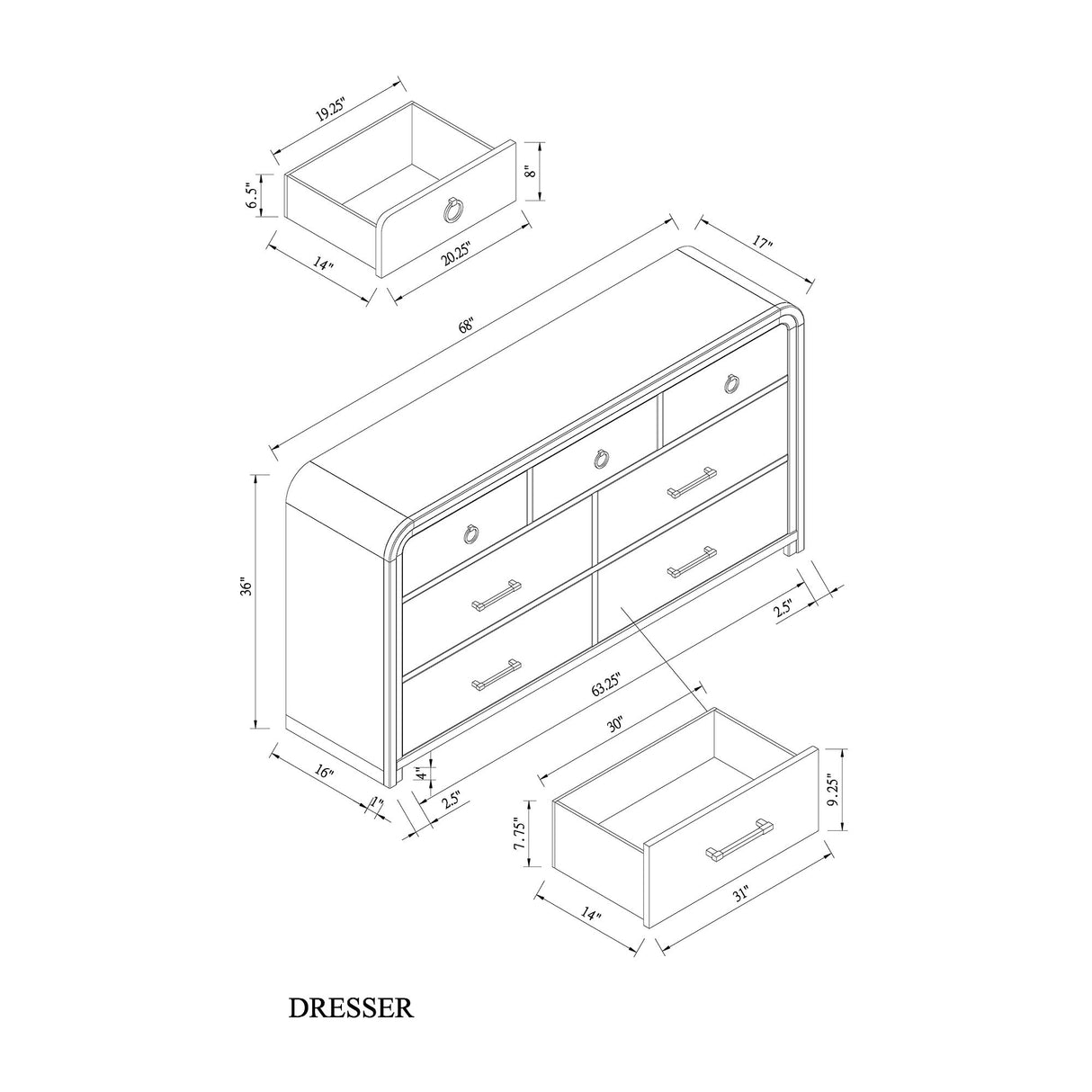 Malco - Dresser With Gold Detailing - Oak