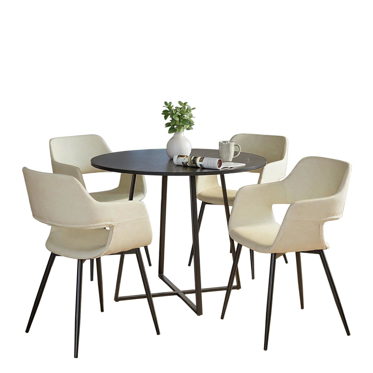 Cosmo - Margarite Contemporary 5 Piece Dining Room Set - Black Metal, Black MDF, And Cream Faux Leather