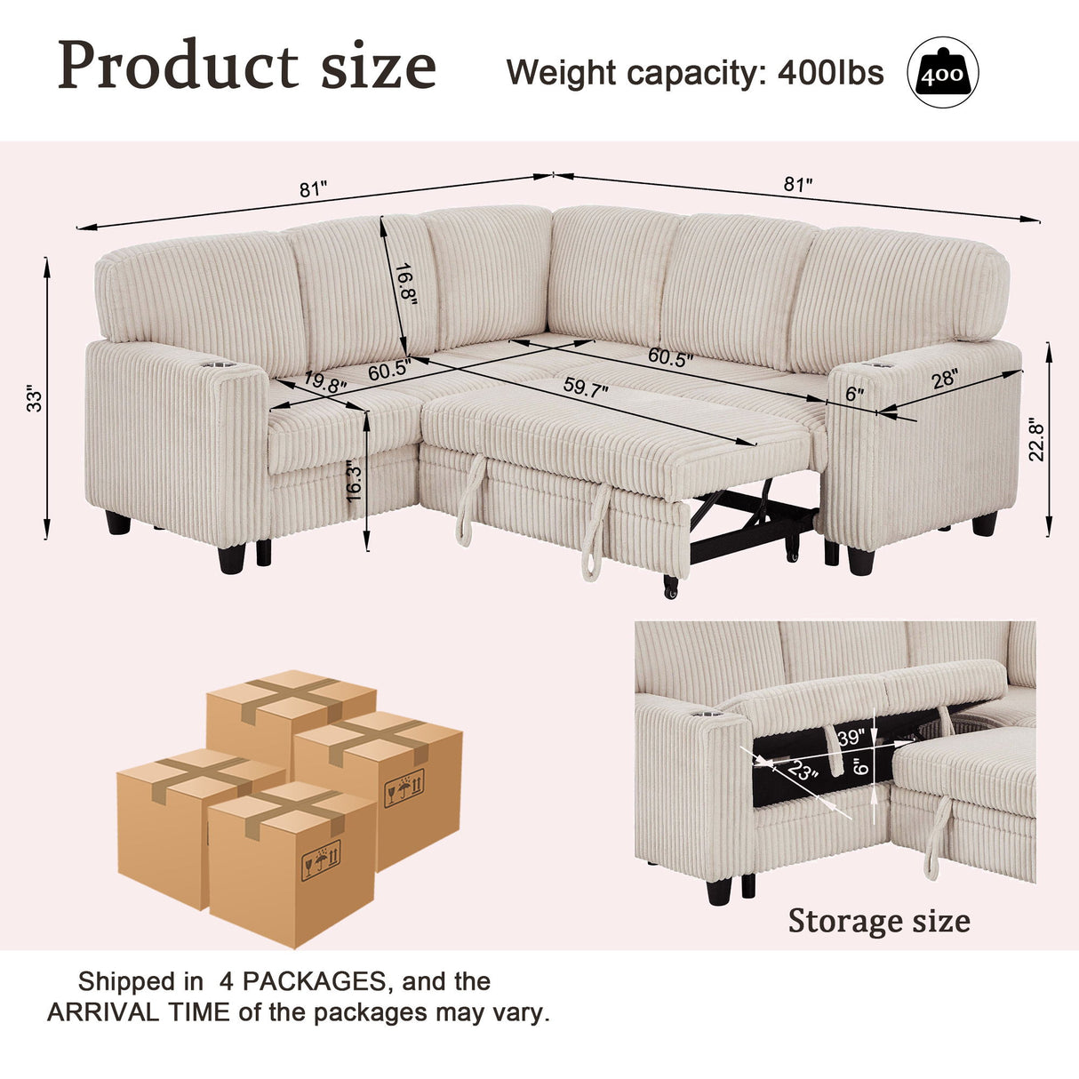 L-Shaped Sofa With Pull Out Sofa Bed With USB