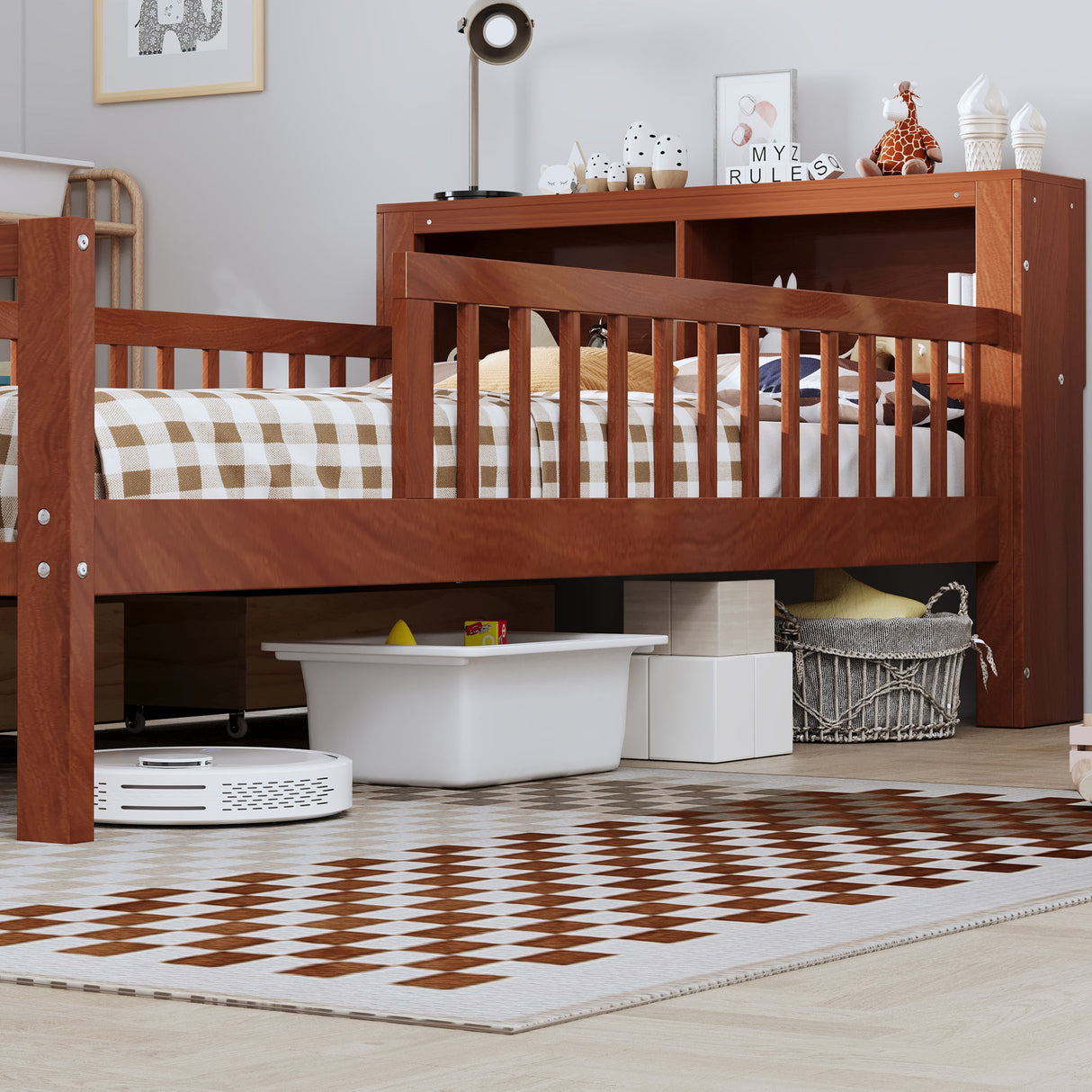 Bed With Headboard Storage Rack, 2 Under Bed Drawers, 3 Side Guardrails For Safety