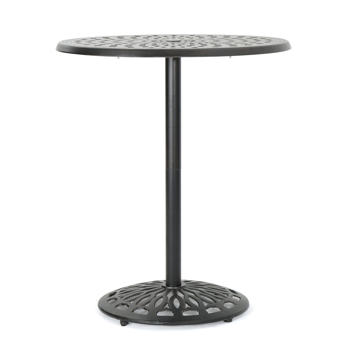 Elegant Cast Aluminum Round Bar Table With Romantic Filigree Design - Copper