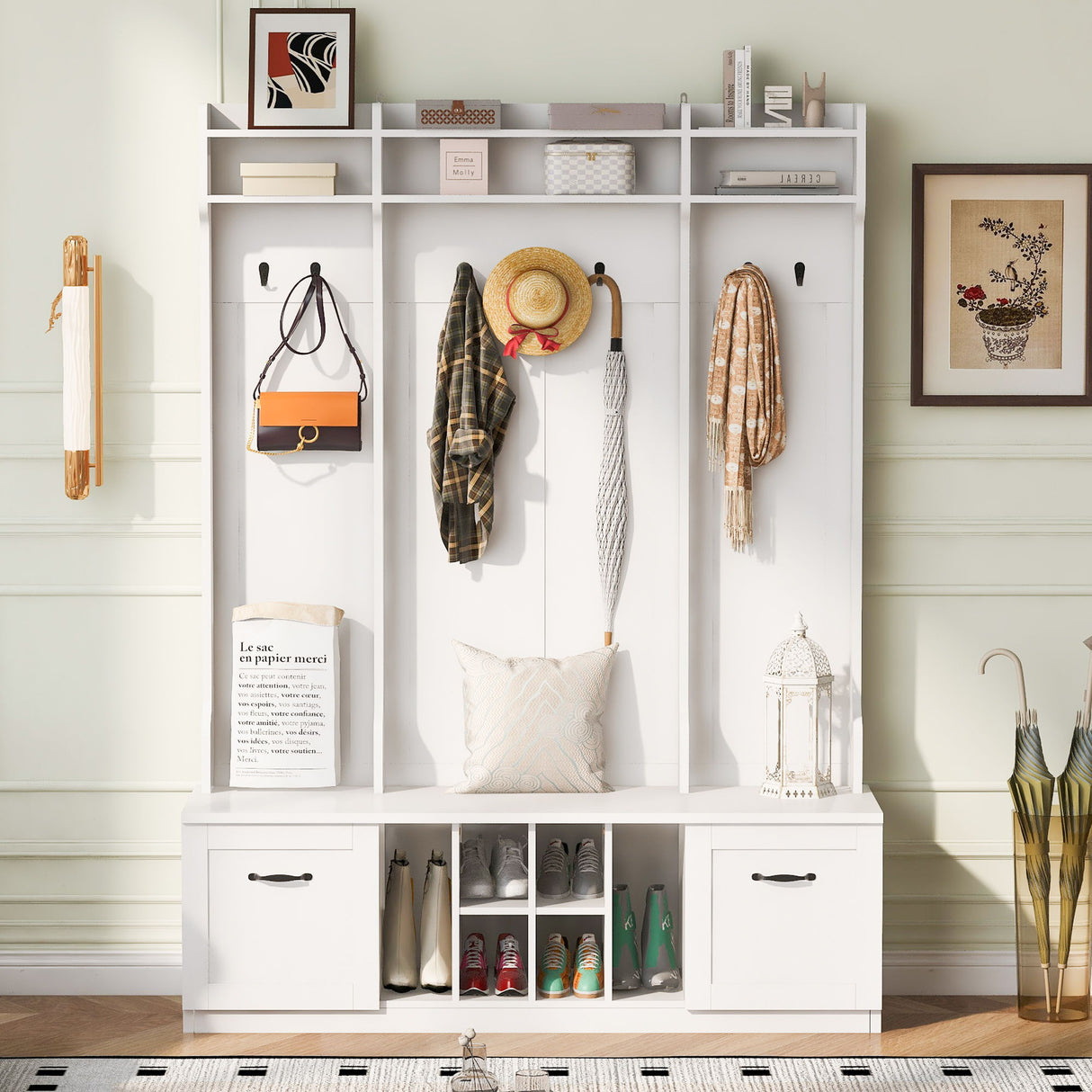 5 In 1 Entryway Bench With Coat Rack, 7 Sturdy Hooks, 2 Spacious Drawers And Adjustable Shelves