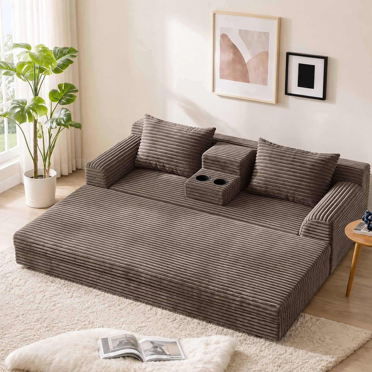 Soft Striped Convertible Sofa Bed, Dual Use Lounge Couch With Cup Holders And Pillows
