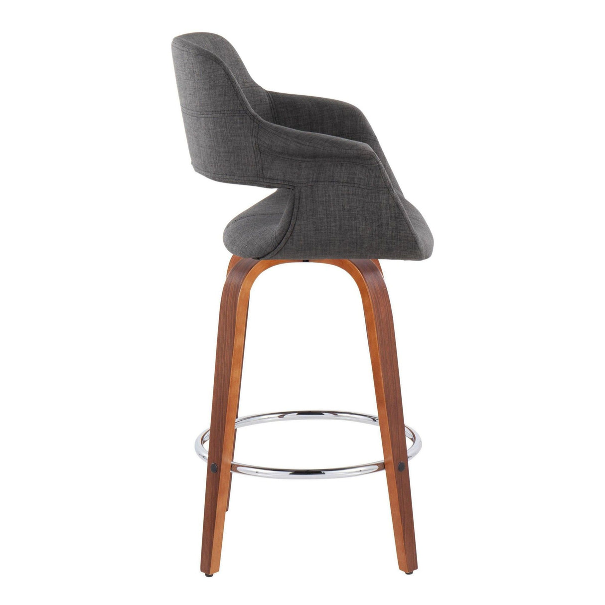 Vintage Flair - Mid-Century Modern Fixed-Height Swivel Counter Stool (Set of 2) - Walnut Wood And Charcoal Fabric With Round Chrome Metal Footrest