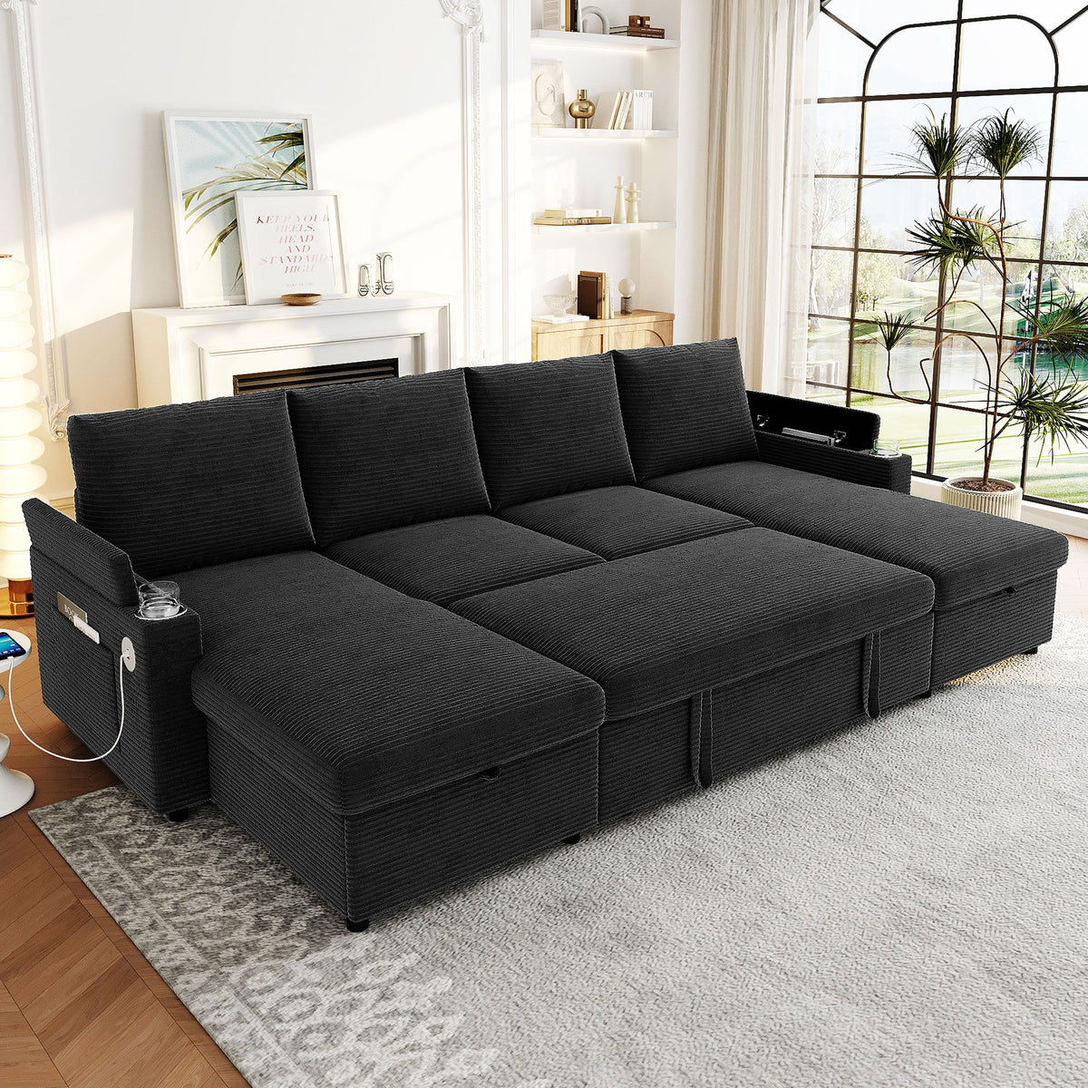 U Shaped Sectional Sofa Bed With Storage Chaise Lounges, USB Ports, And Cup Holders