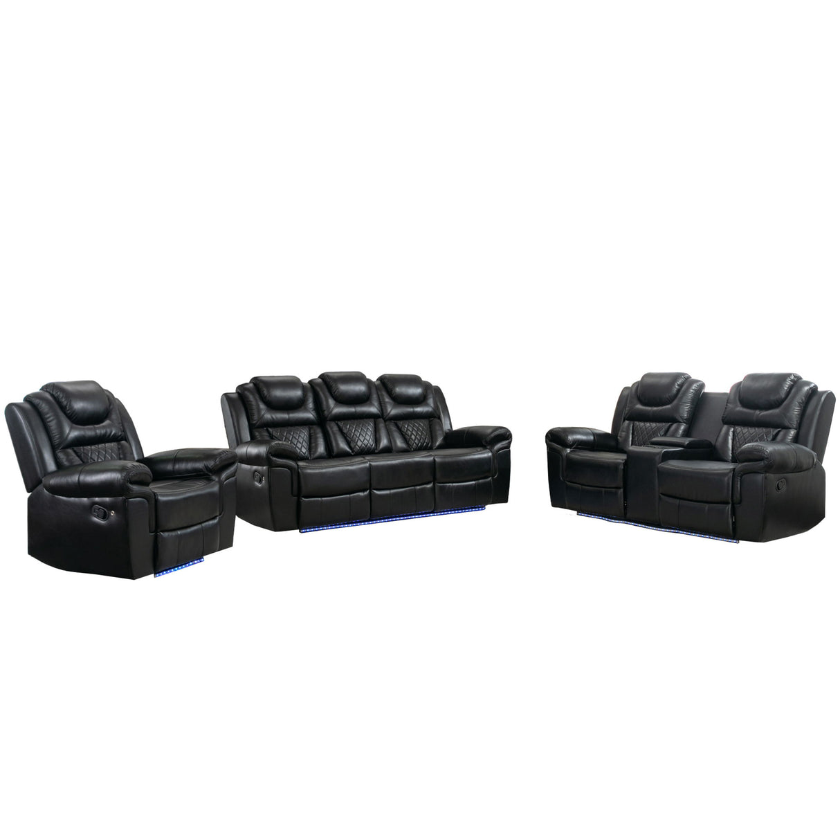 3 Pieces Recliner Sofa Sets Home Theater Seating Manual Recliner Chair With Center Console And LED Light Strip For Living Room