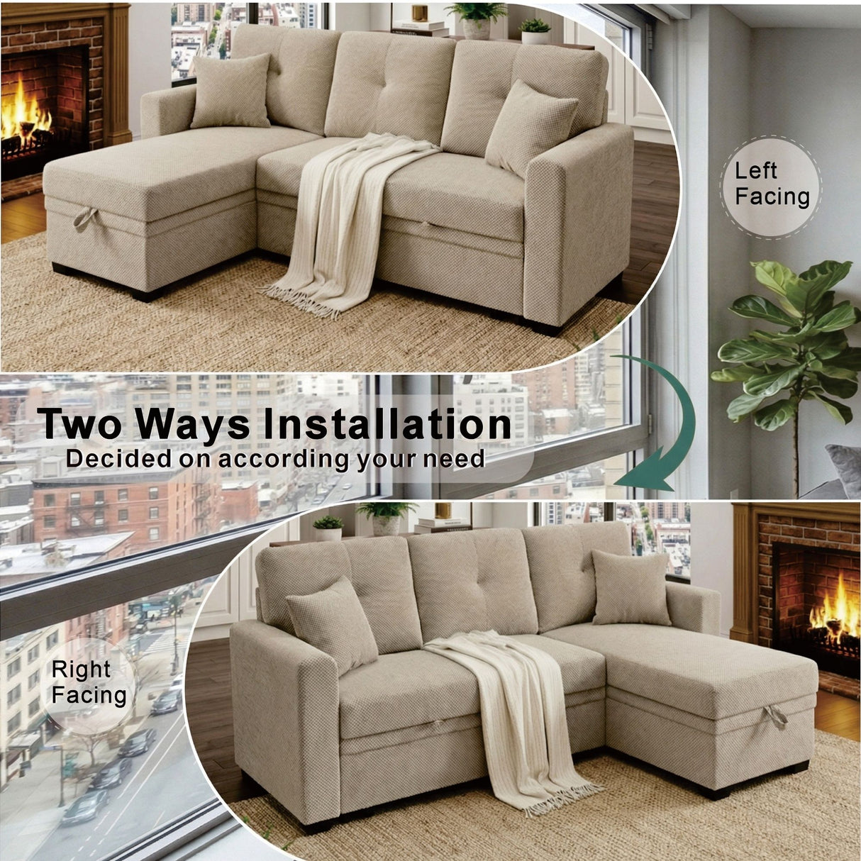 Sleeper Sectional With Pull Out Bed, Reversible Chaise
