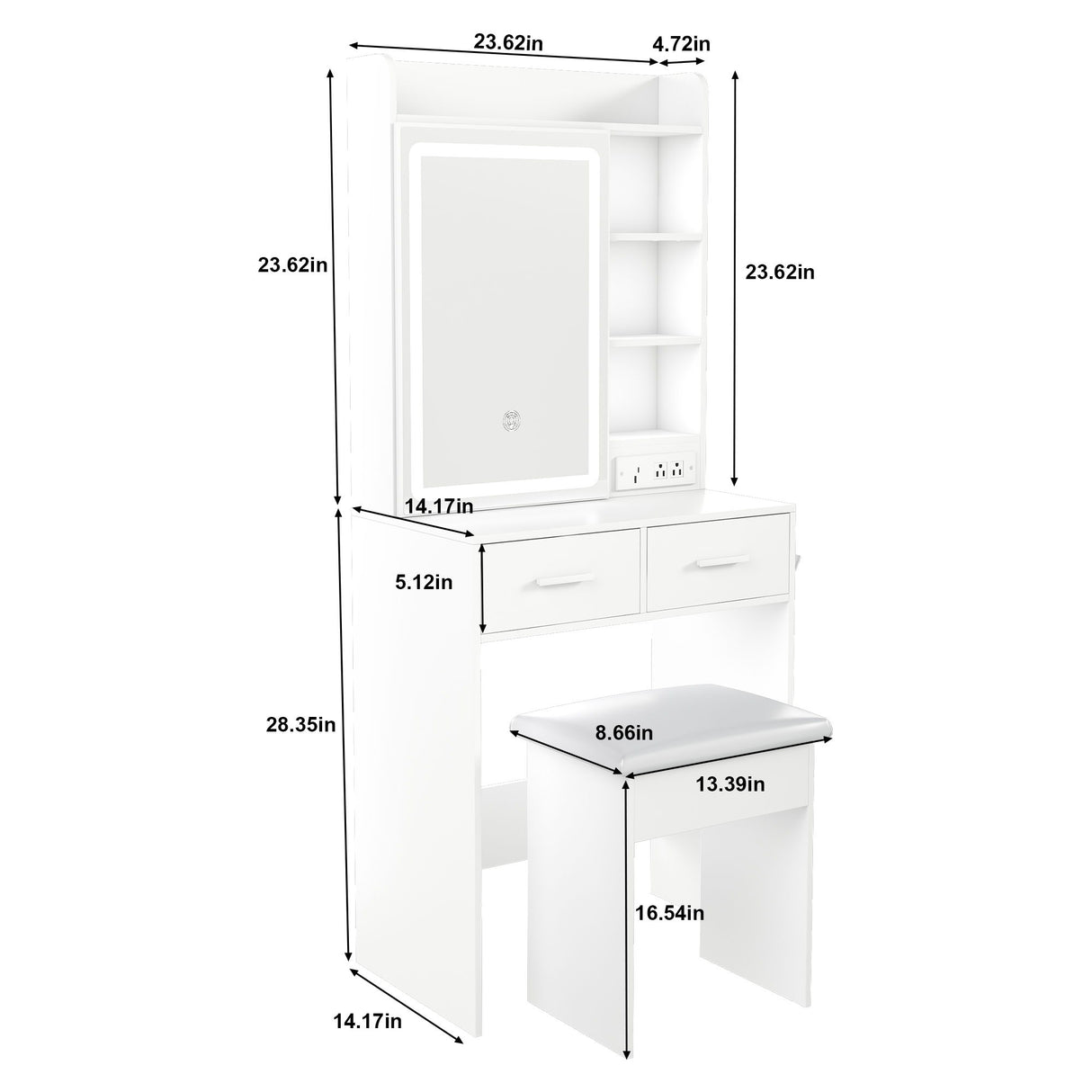 Space Saving Makeup Vanity Desk With Mirror & Adjustable Led Lights, Built-In Power Outlet, Hidden Storage, Includes Stool & Shelf - White