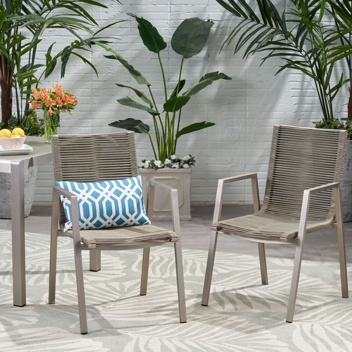 Outdoor Modern Aluminum Dining Chair Set With Rope Sea (Set of 2)