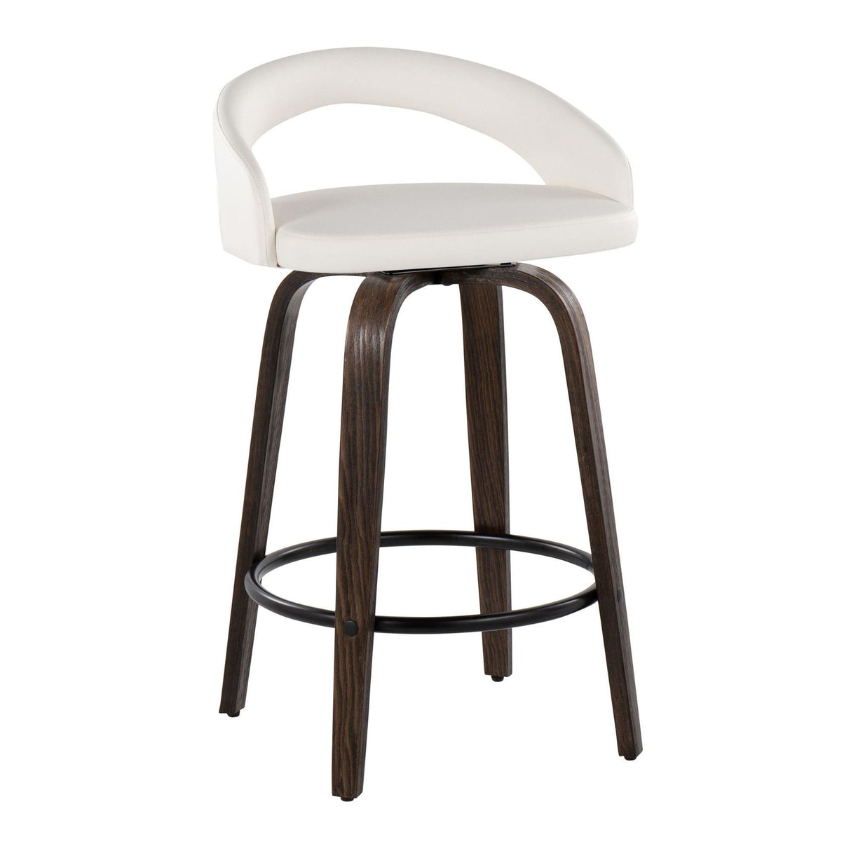 Grotto - Upholstered Fixed-Height Counter Stool (Set of 2) - Walnut Glazed Wood, White Faux Leather, Black Metal