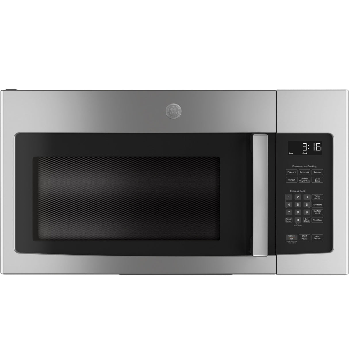 GE JVM3162RJSS stainless steel over-the-range microwave front view