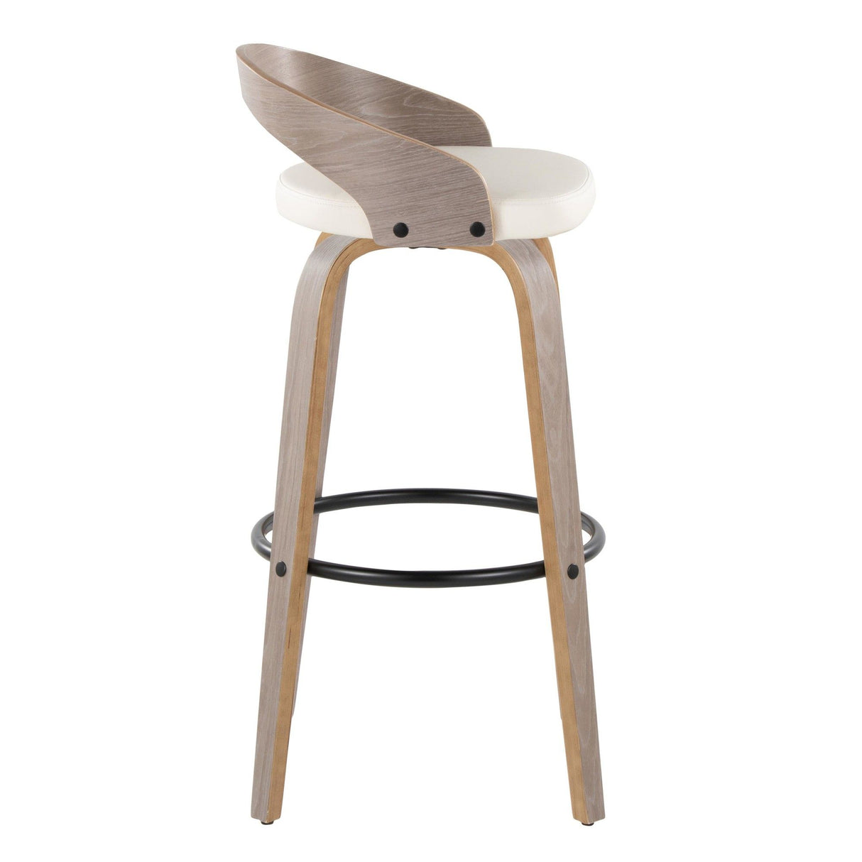 Grotto - Fixed-Height Barstool (Set of 2) - Light Gray Wood, Black Metal, White Faux Leather